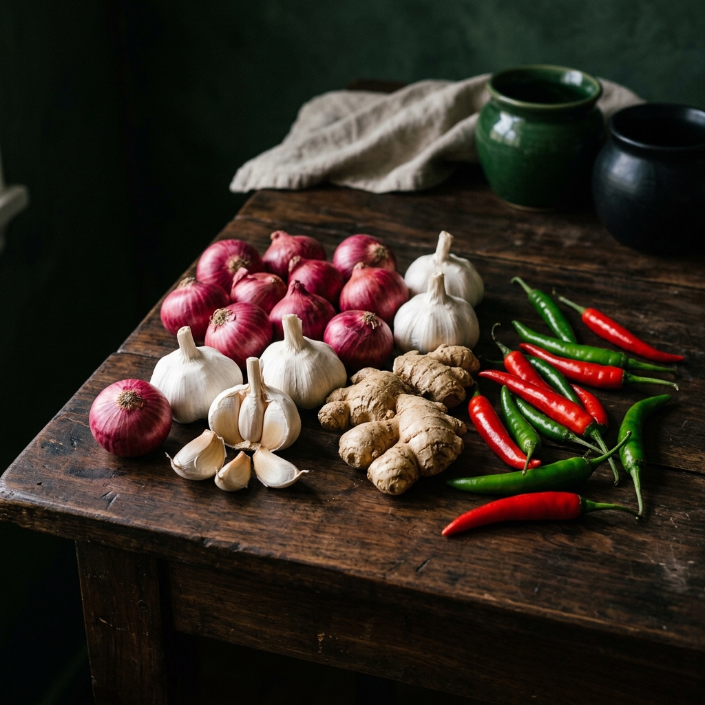 Fresh Indian produce including onions, garlic, ginger, and chillies